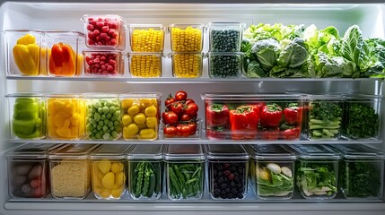 Organized refrigerator shelves with colorful fresh produce in glass containers, vibrant fruits and vegetables, neat arrangement, healthy eating concept, modern food preservation.