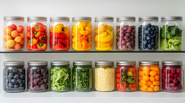 Organized refrigerator shelves with colorful fresh produce in glass containers, vibrant fruits and vegetables, neat arrangement, healthy eating concept, modern food preservation.