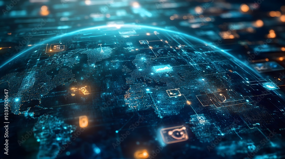 Poster tech devices and icons connected to digital planet earth.