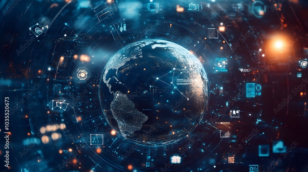 Poster tech devices and icons connected to digital planet earth.
