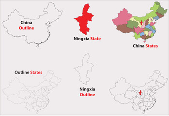 Ningxia map vector of China, Ningxia line map, Ningxia with city map, Ningxia outline map