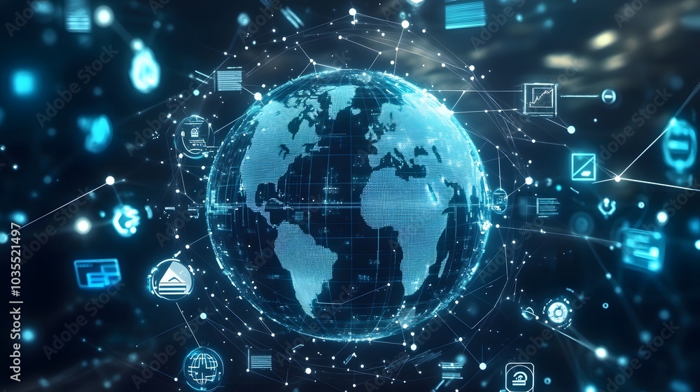 Poster tech devices and icons connected to digital planet earth.