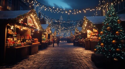 Obraz premium A festive New Year market at night with stalls