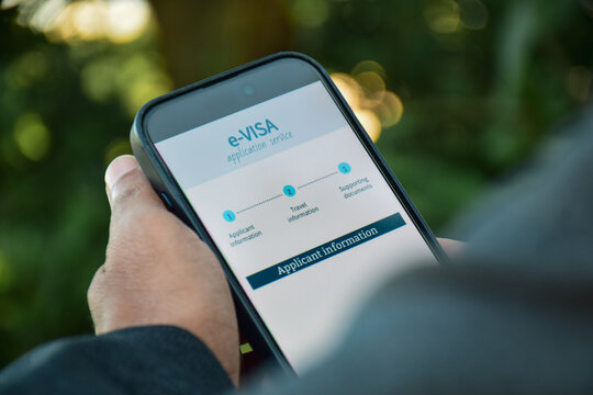 Person filling out for electronic visa or online visa application form for travel. Selective focus.