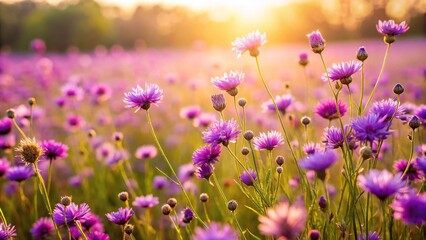 Fototapeta premium A field of purple wildflowers sways in the breeze on a warm summer day, natural beauty, sunny meadow, purple blooms