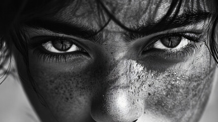 Fototapeta premium A close-up black and white portrait of a person with deep-set eyes, evoking intense emotions.