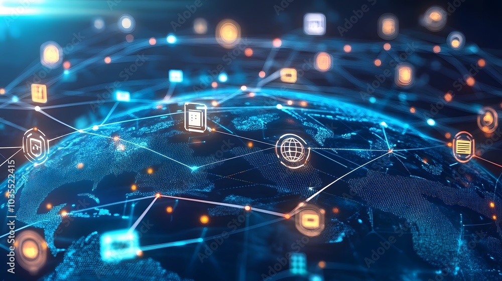 Poster tech devices and icons connected to digital planet earth.