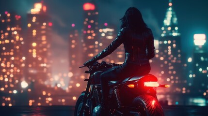 A sexy girl in leather jacket on a motorcycle, with a glowing city nightscape backdrop