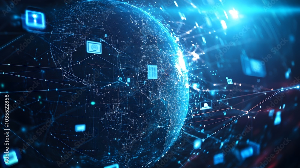 Poster tech devices and icons connected to digital planet earth.