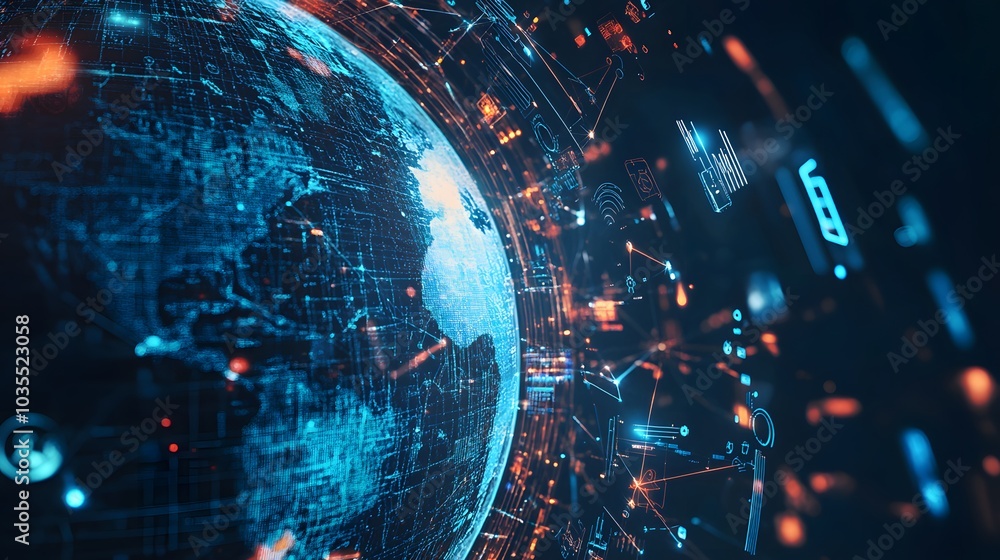 Poster tech devices and icons connected to digital planet earth.