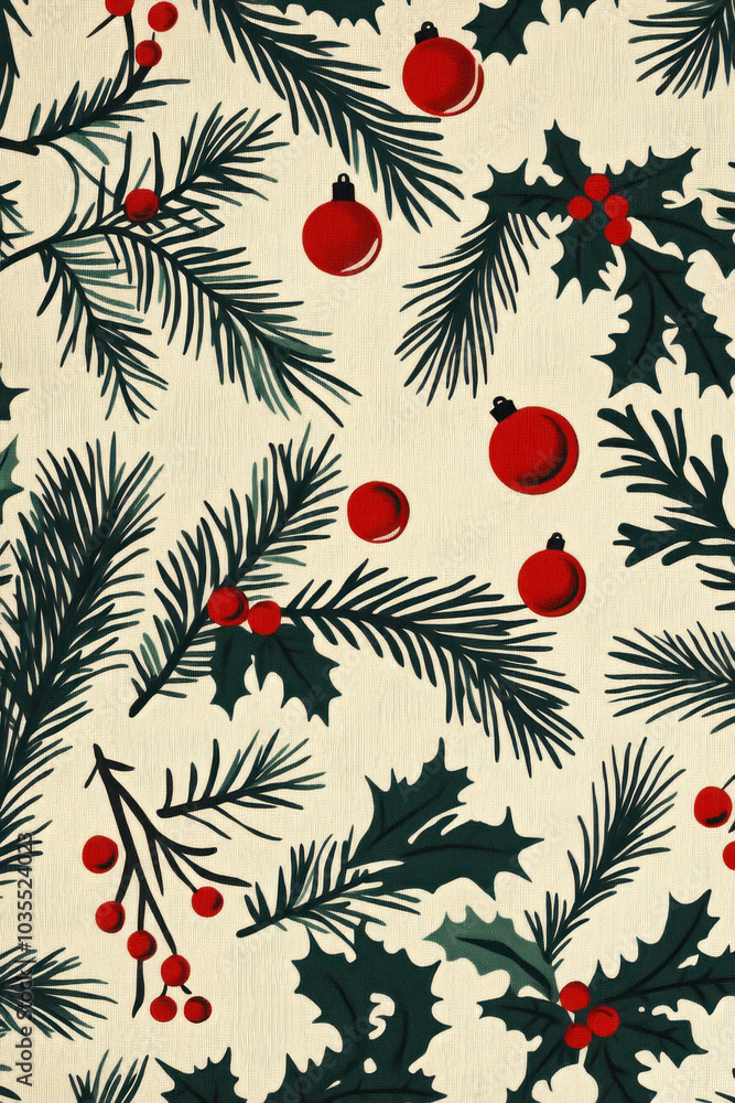 Canvas Prints Christmas holly and berries on cream background, symbolizing festive cheer and holiday spirit.