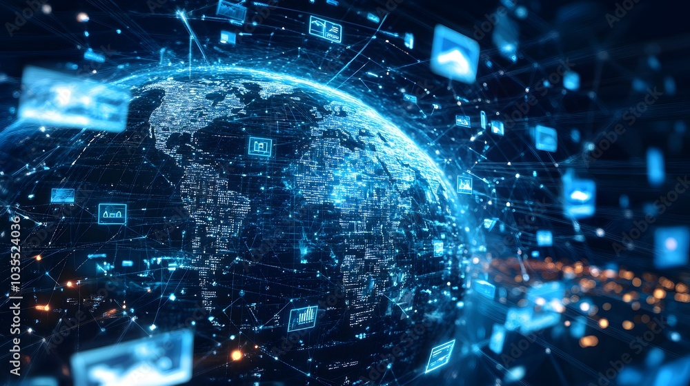 Poster tech devices and icons connected to digital planet earth.