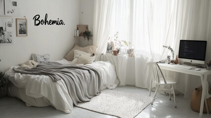 A white, minimalist bedroom with a simple bed, desk, and computer setup. White curtains adorn the windows, and a small rug covers the floor.
