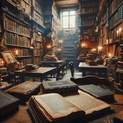 A large, old library filled with bookshelves and tables. The library is dimly lit, creating a mysterious scene.