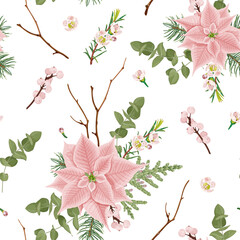 A seamless vector illustration featuring pink poinsettias, branches, eucalyptus, and pine elements in soft pastel tones, perfect for Christmas-themed designs or winter holiday decoration backgrounds.