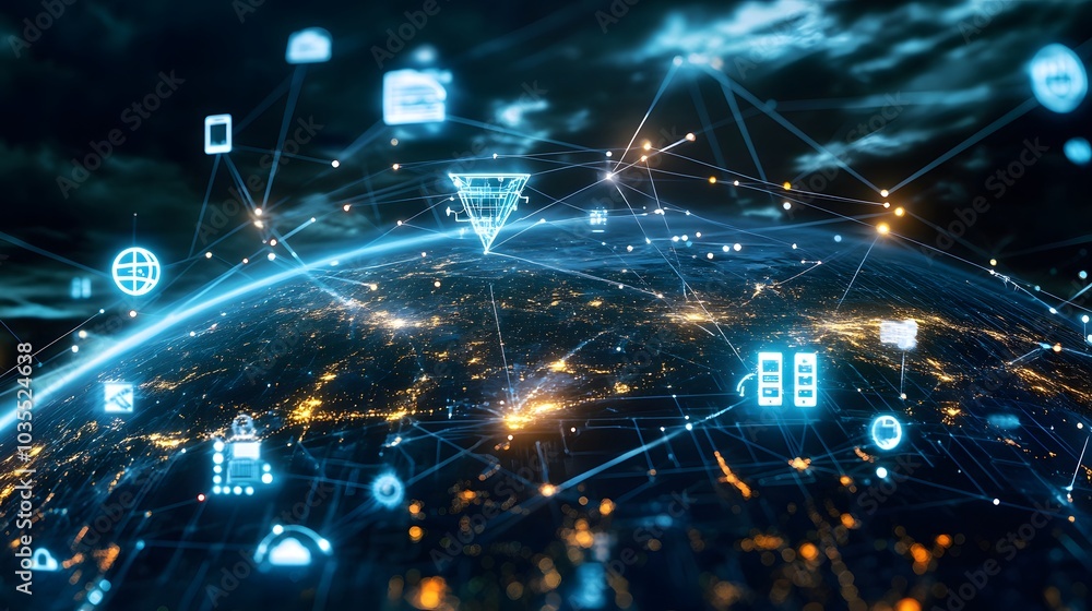 Poster tech devices and icons connected to digital planet earth.