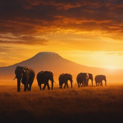 Fototapeta premium A serene sunset scene featuring a herd of elephants walking towards a distant mountain, highlighting the beauty of wildlife and nature.