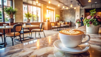 Fototapeta premium A cup of latte with a heart design in a cafe with a warm atmosphere and blurred background
