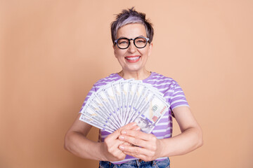 Photo of cheerful rich senior woman wear striped stylish clothes hold money cash isolated on beige color background