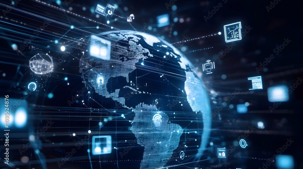Poster tech devices and icons connected to digital planet earth.