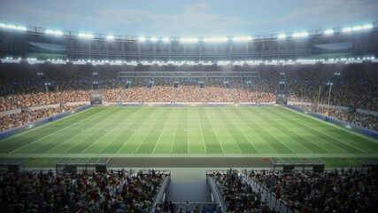 Day View of a Big American Football Stadium From the Sideline. Thousands of Spectators Fill the Stands Cheering for the Match Beginning. Awaiting a Major Sport Event. Wide Side View Static Shot