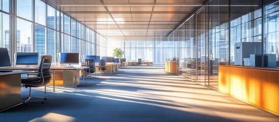 Obraz premium Modern office with large windows overlooking a city skyline.