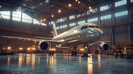 Airplane in Hangar with Industrial Lighting