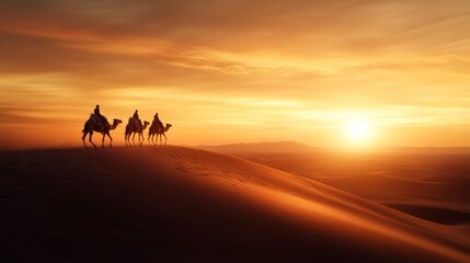 Silhouetted camels and riders traverse a desert dune against a stunning sunset backdrop, evoking tranquility and adventure.