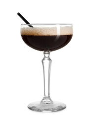 One glass of delicious espresso martini on white background