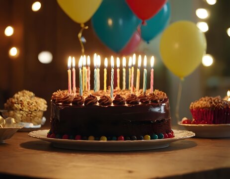 Delicious cholate birthday party cake shining balloons