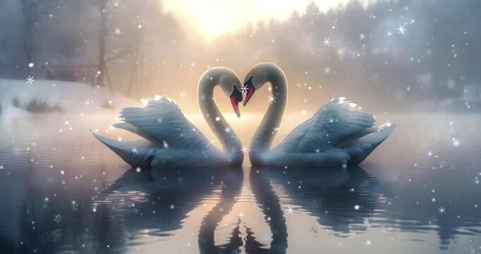 Pair of swans swimming together on the lake in amazing winter weather. Winter seasonal 4K loop animation for advertisement.