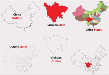 Sichuan map vector of China, Sichuan line map, Sichuan with city map, Sichuan outline map