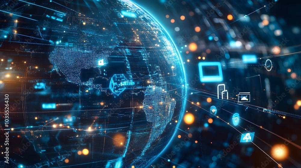 Poster tech devices and icons connected to digital planet earth.