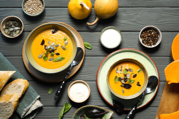 Delicious pumpkin soup served on grey wooden table, top view