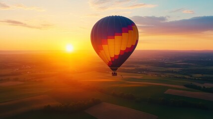 Fototapeta premium A hot air balloon soars over a vibrant sunset, casting beautiful colors across the landscape below, evoking a sense of freedom and adventure.
