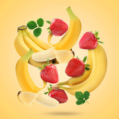 Fresh bananas and strawberries falling on golden background