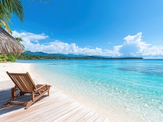 Fototapeta premium A tranquil beach scene featuring a wooden lounge chair on the shoreline with crystal-clear turquoise water and a bright, sunny sky.