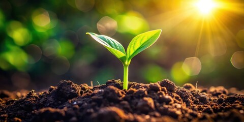 A single green sprout pushing through the dark soil, reaching for the golden sunlight shining through the leaves