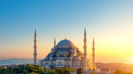 Fototapeta premium A stunning sunset highlights the intricate architecture of a mosque with soaring minarets against a clear sky.