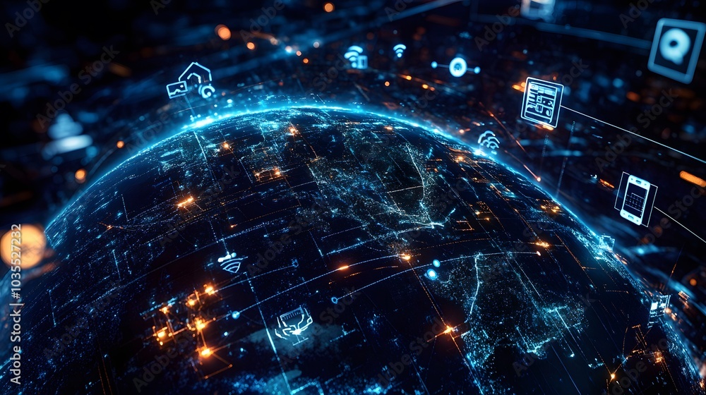 Poster tech devices and icons connected to digital planet earth.