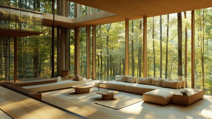 Fototapeta premium 3D rendering of a modern living room interior design with a glass window and a view of a forest landscape, a wood ceiling, a sofa set, and a coffee table.
