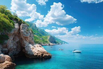Fototapeta premium A stunning coastal scene with clear turquoise waters, lush greenery, rocky cliffs, and boats gently floating under a vibrant blue sky dotted with fluffy clouds.