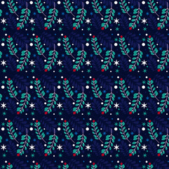 Christmas Seamless Blue Background with Red Berries and Branches. Holiday Backgrounds for Christmas Packaging and Seasonal Design