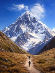 Fototapeta premium Majestic mountain landscape with hikers on a winding trail, surrounded by lush greenery and towering snow-capped peaks under a bright blue sky.