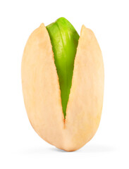 Tasty pistachio nut in open shell on white background