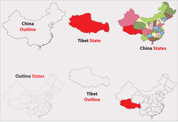 Tibet map vector of China, Tibet line map, Tibet with city map, Tibet outline map
