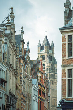 View of beautiful medieval architecture and historic buildings in cityscape, Bruges, Belgium.