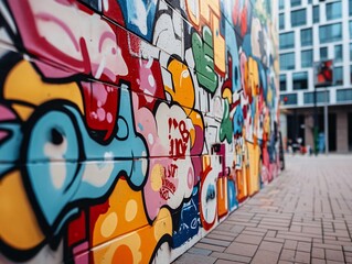 A colorful wall with graffiti on it