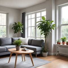 A wooden table in the foreground with a potted plant , with a living room in the background featuring a gray sofa and a large window.