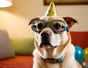 Happy Birthday dog wearing party hat and googles